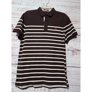 Bean Pole Mens M Slim Fit Striped Polo Shirt Brown White Size 100 Short Sleeve